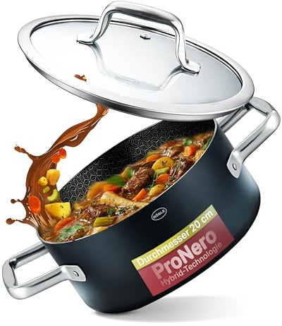 RÖSLE EBONIC Bratentopf 20 cm mit Deckel, Keramik Schmortopf Induktion | ProNero Keramik Antihaftbeschichtung, PFAS-frei, backofenfest bis 260 °C, ideal für Braten und Eintöpfe