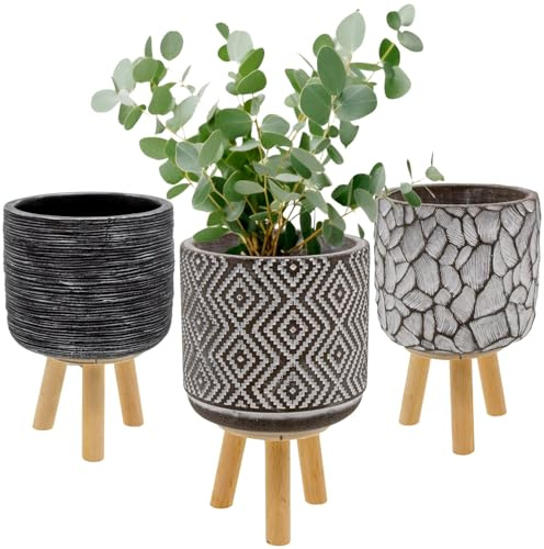 2friends Pflanztopf Set Modern 3-teilig, Ø 12 cm, Höhe 20 cm, aus Zement mit Holzfüßen, Schwarz-Weiß Design, Dekorative Blumentöpfe für Innen und Außen, Skandinavischer Stil, langlebig
