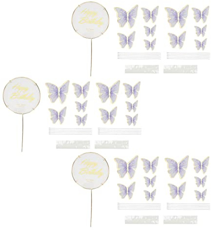 3 Sets Schmetterlings-Kucheneinsatz, 3D-Farben-Schmetterlings-Kuchenaufsatz, lebendige Papier-Schmetterlingsdekorationen mit Metallstäben und Kleber, für Geburtstag, Hochzeit, (Lila)