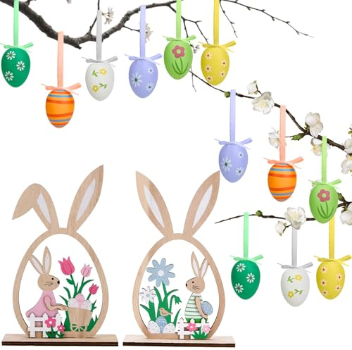14 Pcs Easter Egg Decorations Tree Ornaments and Easter Bunny Decorations Set, Stand up Wooden Bunnies Easter Table Decorations, Hanging Easter Eggs for Tree, Spring Home Office Decor