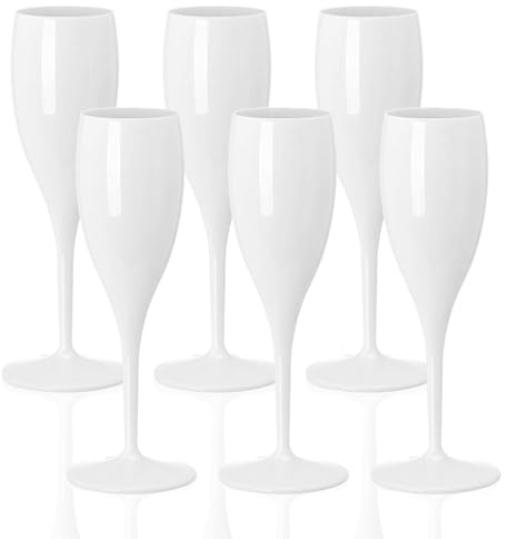 HLGND Premium White PP Champagne Flutes, Reusable White Champagne Flutes | Prosecco and Wine Glasses.Shatterproof, 180ml Capacity for Weddings, Parties, Toasting and Celebrations, Dishwasher Safe(6)
