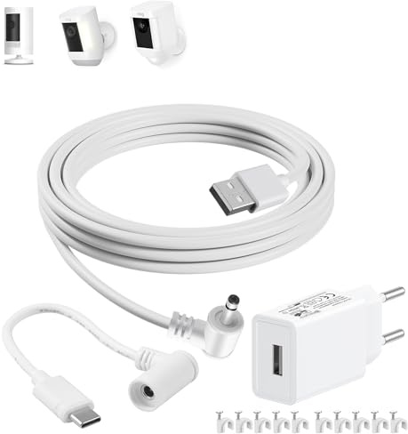 Lonnky 16,4ft/5m Wetterfestes Stromkabel & Netzteil-Set für Ring Spotlight Cam Plus/Pro, Stick Up Cam Akku (3./2. Gen), Ring Tilt Indoor Cam, Ladekabel mit 5V 2A USB-Adapter, Weiß