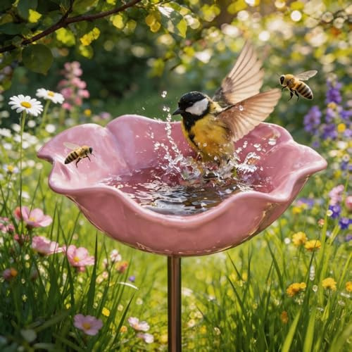 Wisfancy 1 Stück Vogeltränke Blume Metall, Bienentränke Insektentränke Schmetterlingstränke, Gartenstecker Aus Metall Gartendeko Für Draußen (Rosa)