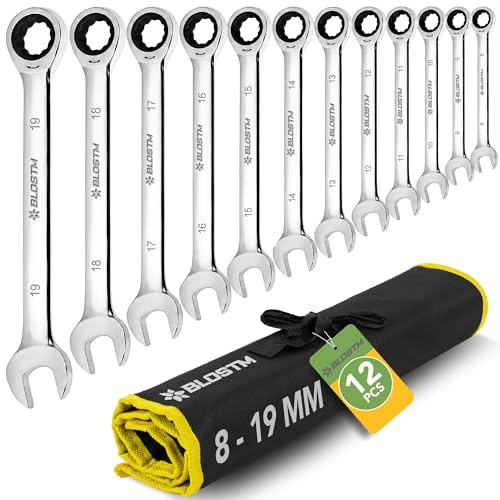 BLOSTM Ratchet Spanner Set 12 PCS - Metric Spanner Set 8-19mm | 72 Tooth Gear System, Chrome Vanadium Steel, Combination Wrenches for DIY, Car & Bike Repairs, with Roll-Up Storage Pouch