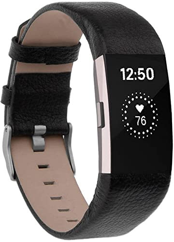 Echtes Lederarmband für Fitbit Charge 2, Herren Damen Armbänder Ersatzbänder (Schwarz)