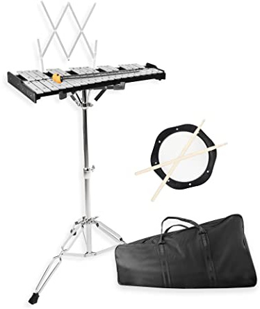 Mr.Power 32 Noten Glockenspiel-Glocken-Set mit 20,3 cm Übungspad, höhenverstellbarem Ständer, Notenblattclip, Glockenspielschlägel, Drumsticks und Tragetasche