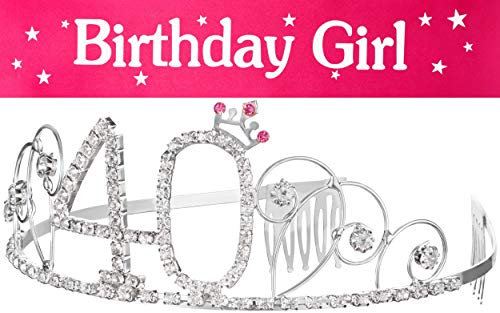 Haarreif Krone + Schärpe Birthday Girl 40. Geburtstag Happy Birthday Kristall Strass Krone Verzierungen Hochzeit Haar Haarband Kamm Stirnband für Frauen (Krone 40 + Schärpe)