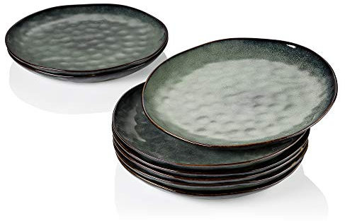 vancasso Serie STARRY Set di 8 Piatti, 28.1cm Piatti Piani in Gres, Piatti da Tavola, Piatti da Pasta Spaghetti, Forno a Microonde e Lavabile in Lavastoviglie, Smalto Reattivo Verde