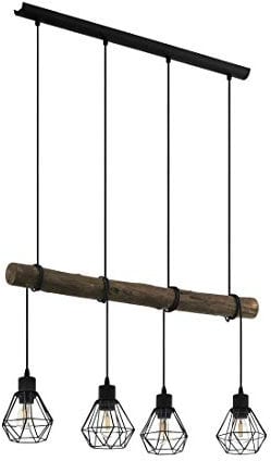 EGLO Pendelleuchte Horningtops, 4 flammige Hängelampe Vintage, Industrial, Retro, Hängeleuchte aus Stahl und Holz, Esstischlampe, Wohnzimmerlampe hängend in Schwarz, Natur, E27 Fassung, L 71 cm