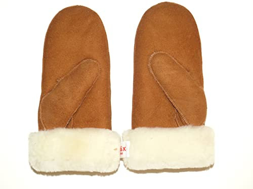 SUPER s6x Lammfell Handschuhe Fäustlinge, Fausthandschuhe Lammfell, (S) Cognac - braun - olive, Damen - Größenbeschreibung siehe Produktbeschreibung
