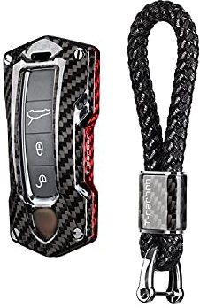 M.JVisun Fibre de Carbone Grand Lourd Auto Coques de Clés pour Porsche 911 Carrera 918 Cayenne Coupe pour Macan pour Panamera Taycan Clé de Voiture - Noir/Rouge + Tressé Porte-clés