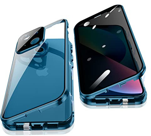 Jonwelsy Anti Peeping Hülle für iPhone 13 (6,1), 360 Grad Schutz Case, Privatsphäre Gehärtetes Glas Anti-Spähen Cover, Stark Magnetische Adsorption Metallrahmen Handyhülle für iPhone 13 (Blau)