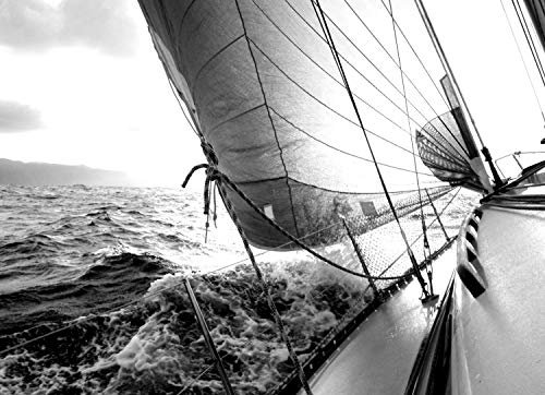 Papier Peint Photo INTISSÉ-VOILIER-350x260 cm-(1475AE)-Nature Paysage Vagues mer Côte Noir et Blanc Océan Colle Inclus Mural Décor Motif Poster Géant Stickers Muraux Optique Moderne Fond Effet XXL