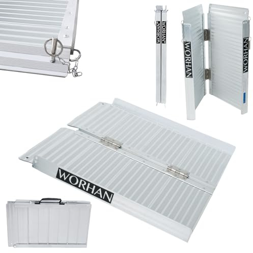 WORHAN® 61cm Aluminium Rollstuhlrampe Klapprampe Schwellenrampe Tragbare Klappbare Aluminium Rollstuhl Rampe Plattform R2
