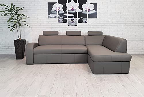 Quattro Meble Long Life Echtleder Ecksofa Antalya II 3z 245 x 164cm graues Leder Sofa Couch mit Schlaffunktion, Bettkasten und Kopfstützen Eck Couch Echt Leder Toledo Smog (Ecke Rechts 245 x 164 cm)