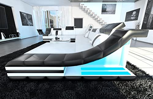 Wohnlandschaft Turino XXL Sofa in Leder - mit LED Beleuchtung, verstellbare Kopfstützen, Recamiere/Lederfarben wählbar/Ausrichtung wählbar (Ottomane rechts, Weiß-Schwarz)