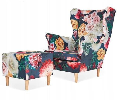 Family Meble Ohrensessel mit Hocker, Modell Print, Skandinavisch, Relaxsessel aus Webstoff, Loungesessel, Ohrensessel mit Hocker, Bequemer Sessel, Für Wohnzimmer, Esszimmer, Schlafzimmer, Blumen 2