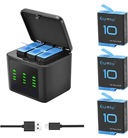Eeyrnduy - Batteria ricaricabile di ricambio per GoPro Hero 9/Hero 10/Hero 11, fotocamera nera, confezione da 3 batterie e caricabatterie USB a 3 canali