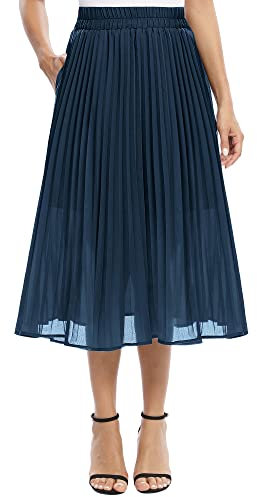 EXCHIC Damen Fließender Chiffon Elastisch Taille Midi Rock Freizeit A-Linie Knielange Falten Rock mit Tasche (L, Navy Blau)