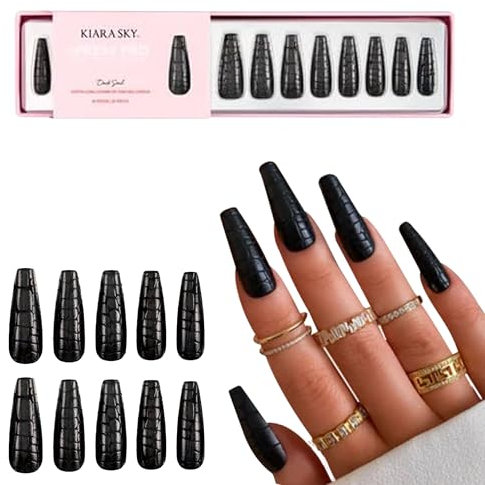 Kiara Sky XPRESS PRO 100% Acrylic Press On Nails - Instant Salon Quality Manicure, Long-Lasting, Easy Application, 30 Pieces Kit, Coffin Long-Dark Soul