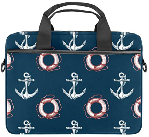 Weiße Schiffsanker-Rettungsringtasche, Messenger-Tasche, für 13 - 13,3 - 14,5 Zoll Laptop-Tablet-Tasche, Rettungsring mit Anker, Marineblau, 11x14.5x1.2in /28x36.8x3 cm
