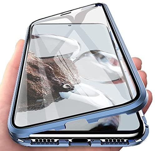 Orgsty Hülle für Xiaomi 12T / 12T Pro(6,67), Magnetische Hartglas Hülle mit Vorderseite und Rückseite, Metallrahmen Case mit Eingebaut Magnet, Ultra Dünn 360 Grad Handyhülle, Blau