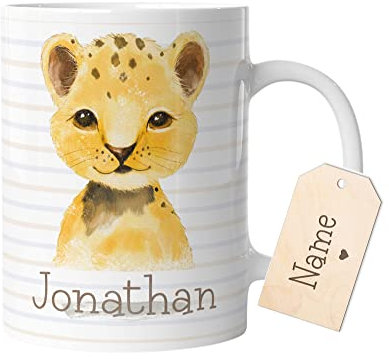 timalo® Tasse mit Namen bedrucken lassen | Motiv Löwe Tiere Personalisierte Kindertasse mit Wunschname für Kinder Geschenktasse Jungen | mug-t2-27