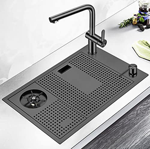 Küchenspüle, mit Wasserhahn, quadratischer Unterlegscheibe, kreative Spüle, 304 Edelstahl gebürstete Barspüle, Einbau- oder Unterbauinstallation (Color : Black~B, Size : 60x38cm)