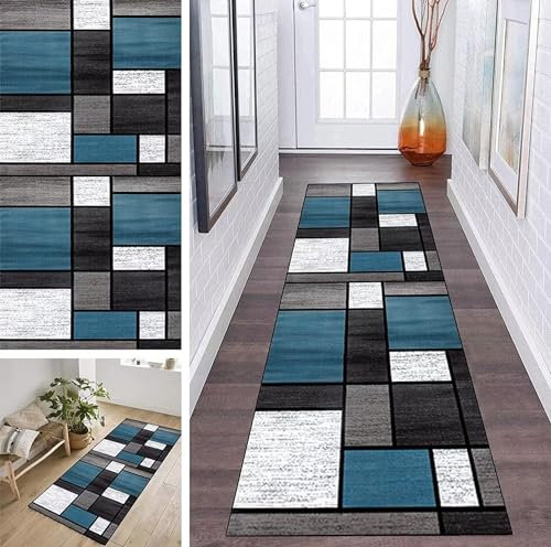 ZDYHMrj Teppich Läufer Flur Küche Blau rutschfest Korridor Teppichläufer Waschbar 50x150cm Modern Schlafzimmer Wohnzimmer Läufer Teppich Breite 40cm-120cm