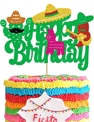 Fiesta Tortenaufsatz Kaktus Happy Birthday Kuchendekorationen für Jungen Mädchen Glitzer Mexikanische Fiesta Lama Thema Party Dekoration Supplies