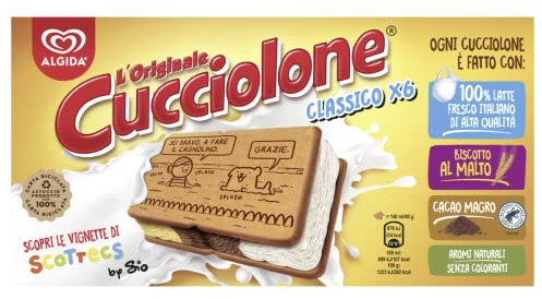 Algida Cucciolone Biscotto Gelato Vaniglia, Cacao Magro e Zabaione, Biscotti al Malto, con Latte Fresco Italiano, Cacao Rainforest Alliance, Aromi Naturali, Senza Coloranti, 6 x 140 ml (Surgelato)