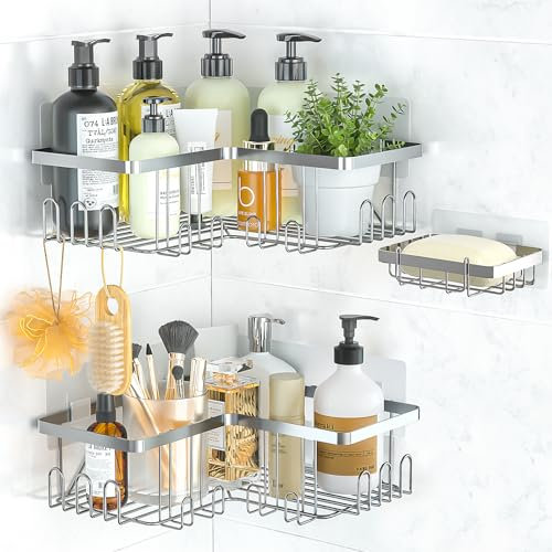 PNNP Estanteria Baño sin Taladros 3 Piezas: Estanteria Ducha Rinconera Acero Inoxidable, Estante Organizador para Almacenamiento de Champú Gel Jabonera (Plata)