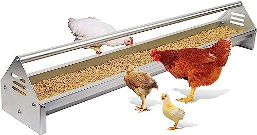 JonesHouseDeco Hühner-Futtertrog mit Querstange, verzinkter Stahl, 114,5 cm lang, robust, große Kapazität, leicht zu reinigen, Geflügel-Futtertrog, für Hühner, Enten, Truthähne #B809A01