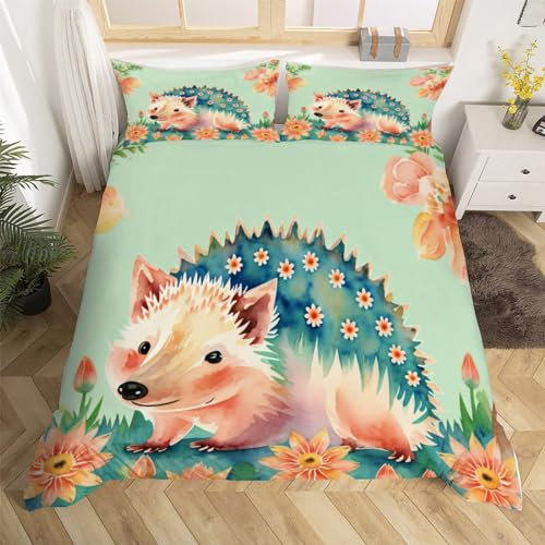 Igelmotiv Bettwäsche Set 200x200 cm Weiche Mikrofaser Süße Tiere Bettwäsche-Sets mit Reißverschluss 3 Teilig Bettbezug mit Kissenbezug 80x80 cm