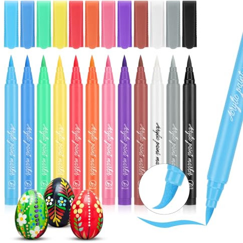 Dacono Feutre Acrylique, 12 Couleurs Feutre Peinture Marqueur Acrylique Stylo Peintures Permanent Imperméables pour Pierre, Bois, Verre, Plastique, Toile, Pointe Souple de 1 à 6 mm