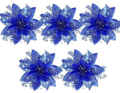 KOOMAL 5 x glitzernde Weihnachtssterne, künstliche Blumen, Weihnachtsbaumschmuck (Clips nicht im Lieferumfang enthalten) (dunkelblau)