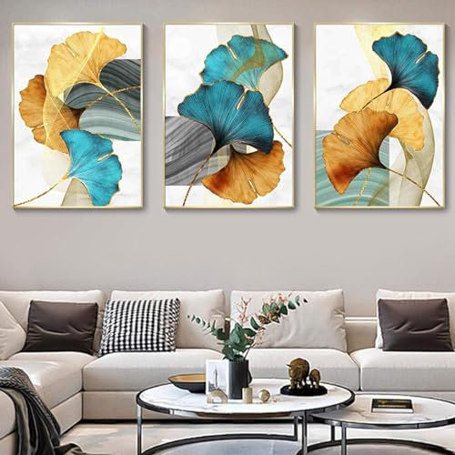 AWKFHF Tableau Décoration Murale Abstrait Ginkgo Feuille de Plante,Toile Peinture Impression sur Toile sans Cadres Affiche Décoration Chambre Posters Salon Bureau (3X60X90CM,sans Cadre)