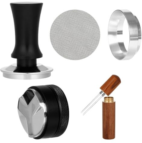 Fly2Top Espresso-Tamper-Set mit einstellbarer Tiefe, 58 mm, federbelasteter Espressoverteiler, Nivellierer mit magnetischem Dosiertrichter, Aluminium, Metall und wiederverwendbarem Sieb