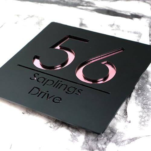 K Smart Sign | Bellissima S1 F31 | 180mm x 180mm | Acrylic 3d Laser Cut Contemporary house sign door number plaque address signs with Mirror and Marble Numbers (Matt Black & Rose Gold Mirror)