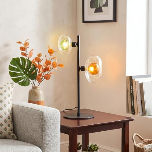 Tischleuchte Monsul, Tischlampe aus Metall/Glas in Schwarz/Bernstein/Grün/Klar, Leuchte im Vintage/Retro-Design, Schirme aus Glas (Ø 18cm), An/-Auschalter am Kabel, Höhe 49cm, 2x G9, ohne Leuchtmittel