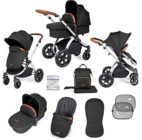 Ickle Bubba Stomp Luxe 2 in 1 Kinderwagen - Geeignet von Geburt an bis zu 22 kg (ca. 4 Jahre*), All-Terrain, faltbar, inkl. Regenschutz, Fußsack, Schürze, Sonnenschirm (Silber/Midnight/Tan)