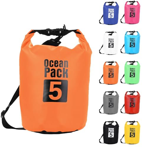 5L Orange Wasserdichte Tasche, Dry Bag 2L/5L/10L/15L/20L/30L mit Verstellbarem Gurt, Schützt Telefon/Karte, Roll Top Wasserdichter Beutel Rucksack für Schwimmen/Rafting/Kajak/Bootfahren/Camping/Strand