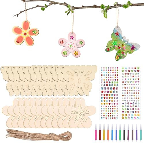 DAWRIS 40 Stück Bastelsets für Kinder, Schmetterling und Blume Schmetterling Holz mit Aquarellstift & Edelsteinaufkleber Basteln Kindergeburtstag Holz Bastelset Handwerk DIY Jungen Mädchen