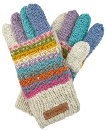 Pachamama Damen Wollhandschuhe handgestrickt Punkte Streifen Mehrfarbig Einheitsgröße handgefertigt extra warm Fair Trade, hellbeige, Einheitsgröße