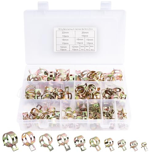 AMZSKU 100 Stück 6/9/10/12/14/15/16/18/20/22 mm Kraftstoffleitung Schlauchschellen, Schlauch Federklemme, Benzinschlauch Schellen, Wasserrohr Luftschlauch Silikon Vakuum Schlauchschelle
