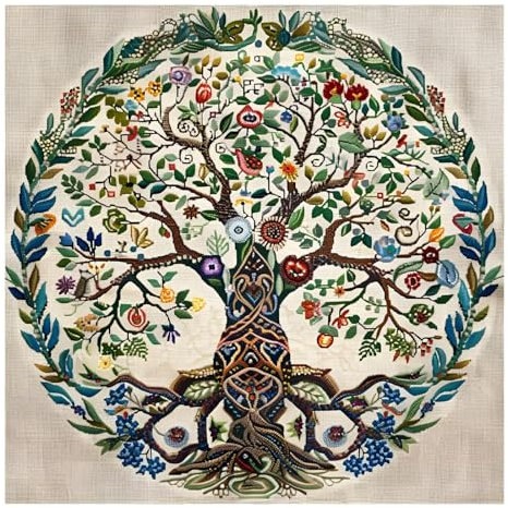 Xinpinzhou Canevas Broderie Point de Croix Kit Complet Adulte Debutant Compté Pré Imprimé Estampillé Moderne Débutant avec Fils, Facile Arbre de Vie 11ct Cross Stitch Loisirs Créatifs Set 40x40 CM
