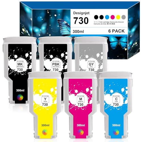 Yongairuink Wiederaufbereitet HP730 Druckerpatronen Kompatibel für HPQ DesignJet T1600 T1600dr T1700 T1700dr T2600 T2600dr (300ml, 6 Pack, 1MBK 1PBK 1C 1M 1Y 1GY)