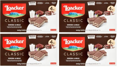 Loacker, Classic Cocoa & Milk Multipack, Wafer Classico con 3 Strati di Cialde al Cacao Farcite con Crema al Latte Alpino, Merenda e Snack, Formato Convenienza, 1 Confezione da 16 Wafer da 45g
