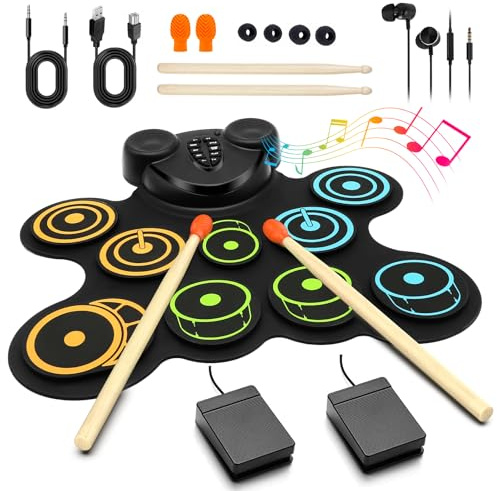 BESFAN Lot de 10 coussinets de batterie électroniques portables pour enfants – Tapis d'entraînement à la batterie enroulable avec pédales et baguette, casque, instruments de musique pour enfants âgés