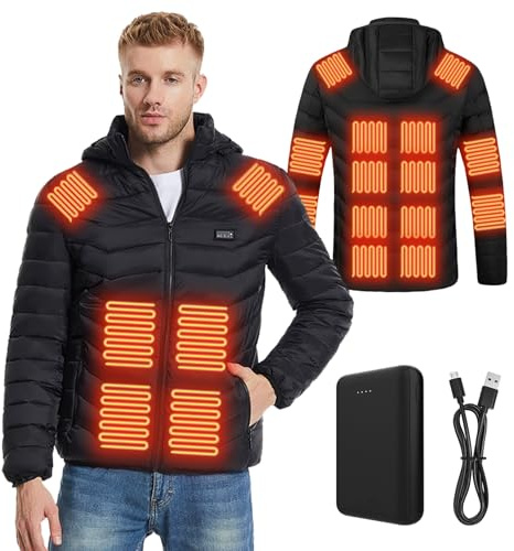 Ylightn Veste Chauffante Homme Femme avec Batterie, Manteau Chauffant avec 3 Niveaux de Chauffage, Veste Capuche pour Moto Pêche Ski (FR/ES, Alpha/lettres, S, Taille normale, Taille normale, Black)